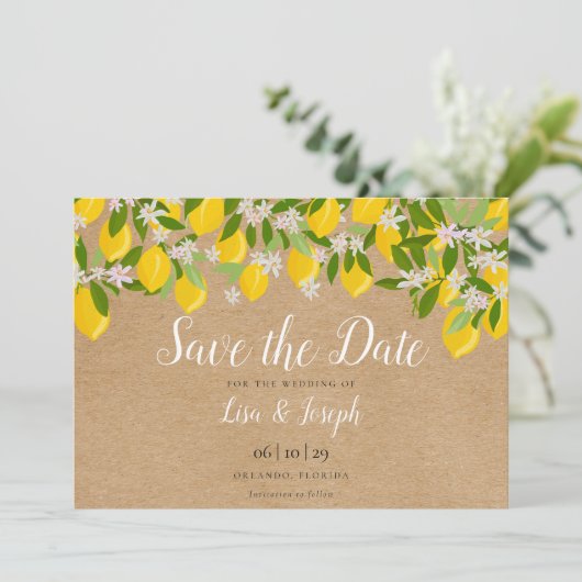 Rustic Lemons Blossom Elegant Script Save The Date (Staand voorkant)