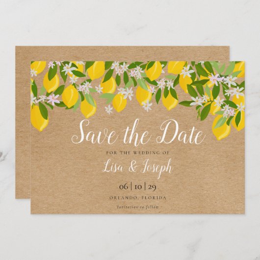 Rustic Lemons Blossom Elegant Script Save The Date (Voorkant / Achterkant)