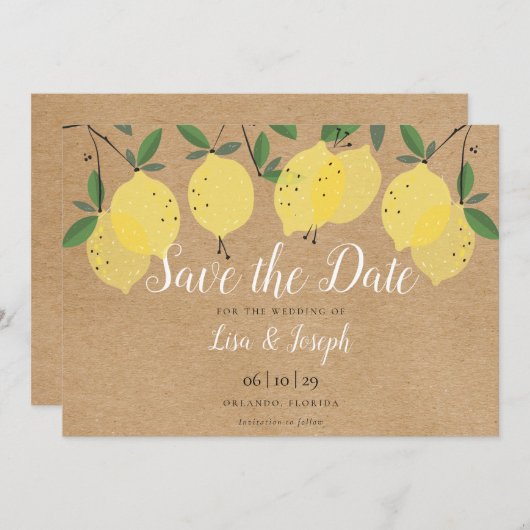 Rustic Lemons Boho Elegant Script Save The Date (Voorkant / Achterkant)