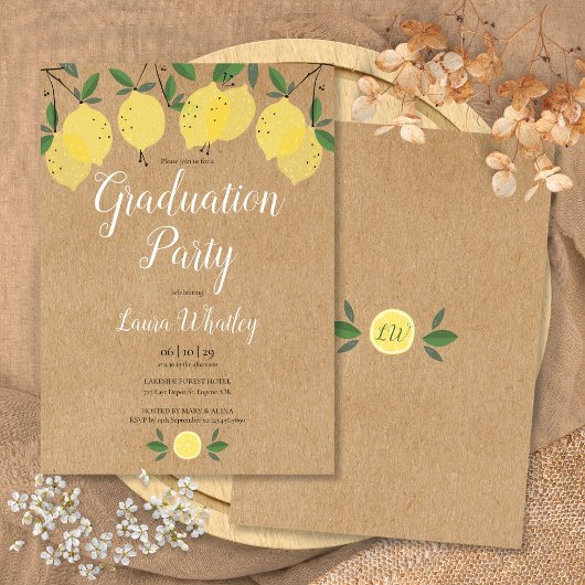 Rustic Lemons Greenery Script Graduy Party Kaart