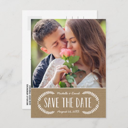 Rustic Lettering Kraft Photo Save the Date Aankondigingskaart (Voorkant / Achterkant)
