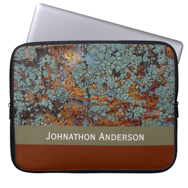 Rustic Lichen Stone Rock textuur met naam Laptop Sleeve (Voorkant)