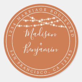Rustic Lichten verbrand Oranje huwelijksretouradre Ronde Sticker