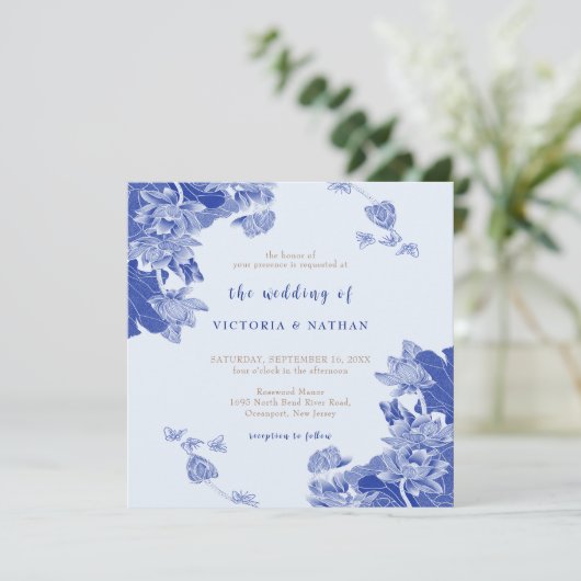 Rustic Light Blue Floral Photo Square Wedding Kaart (Staand voorkant)