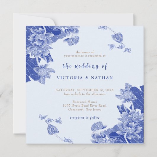 Rustic Light Blue Floral Photo Square Wedding Kaart (Voorkant)