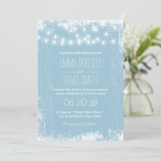 Rustic Light Blue String Lights Wedding Kaart (Staand voorkant)