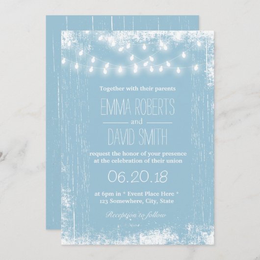 Rustic Light Blue String Lights Wedding Kaart (Voorkant / Achterkant)