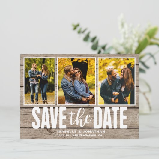 Rustic Light Wood Photo Collage Save The Date (Staand voorkant)