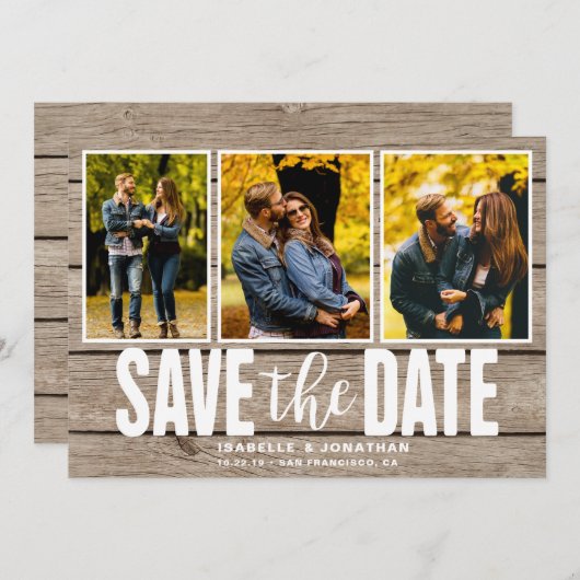 Rustic Light Wood Photo Collage Save The Date (Voorkant / Achterkant)