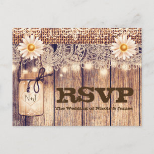 Rustic Lighted Mason Jars Daisies & Lace RSVP Uitnodiging Briefkaart