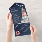 Rustic Lighthouse Nautical Navy Blue Baby shower All In One Uitnodiging (Afscheurbaar)