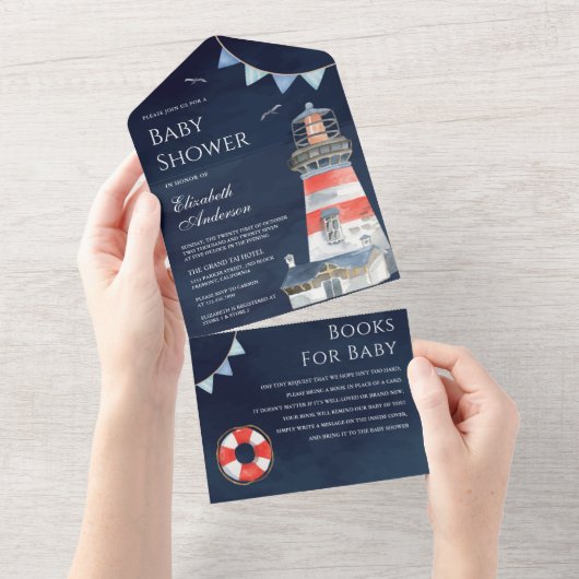 Rustic Lighthouse Nautical Navy Blue Baby shower All In One Uitnodiging (Afscheurbaar)