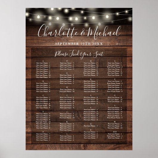 Rustic Lights Alphabetical Wedding Seating Chart Poster (Voorkant)