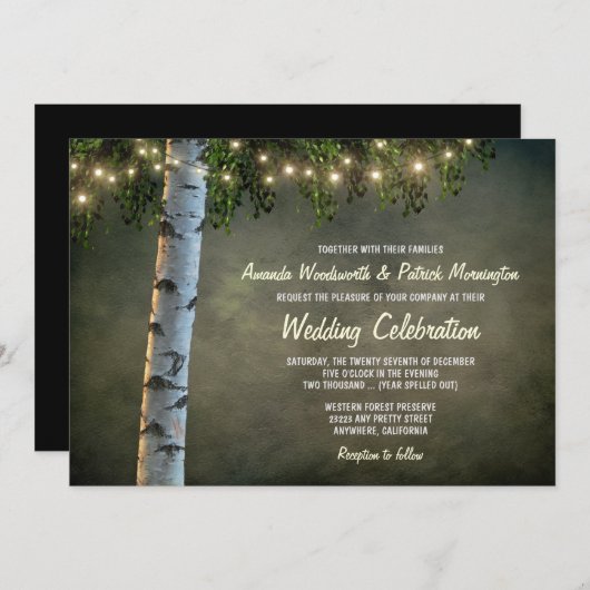 Rustic Lights Birch Bark Tree Wedding Invitations Kaart (Voorkant / Achterkant)
