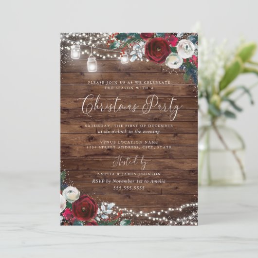 Rustic Lights Bourgondië Bloemen Sneeuw Kerstmis Kaart (Staand voorkant)