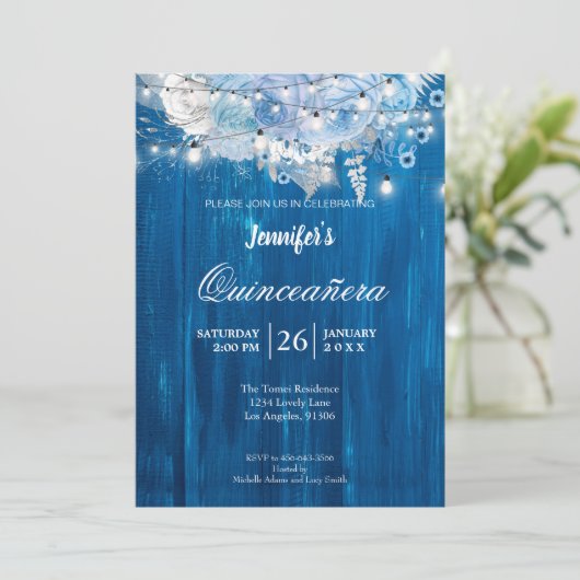 Rustic Lights Floral Quinceañera Uitnodiging (Staand voorkant)