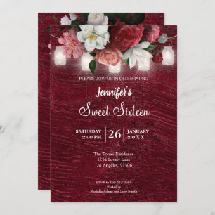 Rustic Lights Floral Sweet 16 Birthday Invitation Kaart