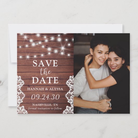 Rustic Lights Foto LGBTQ Save The Date Kaart (Voorkant)