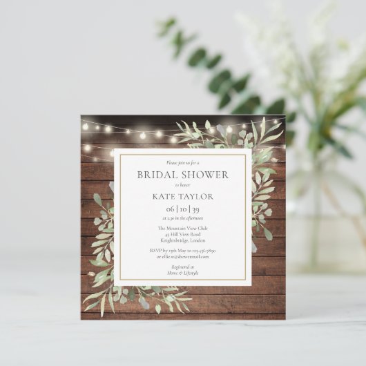 Rustic Lights Greenery Foto QR Code Vrijgezellenfe Kaart (Staand voorkant)