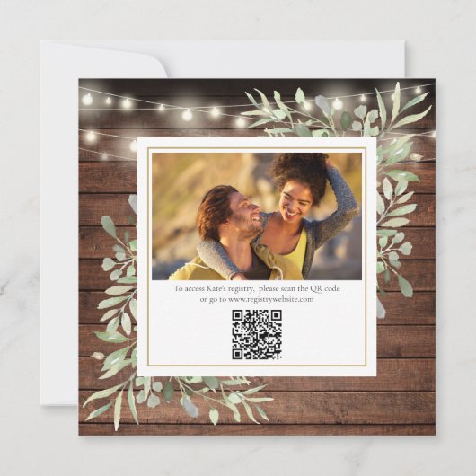 Rustic Lights Greenery Foto QR Code Vrijgezellenfe Kaart (Achterkant)
