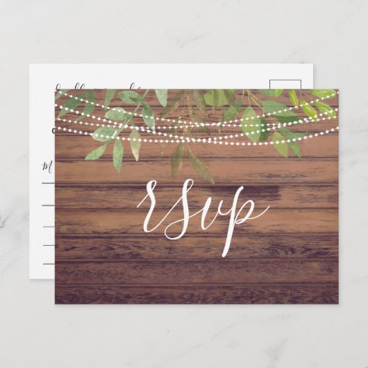Rustic Lights Greenery Wedding RSVP Briefkaart (Voorkant / Achterkant)