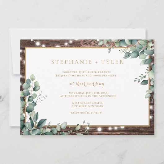 Rustic Lights Greenery Wedding Uitnodiging (Voorkant)