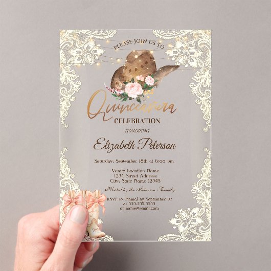 Rustic Lights Lace Cowboy Hat Boots Quinceañera  Acryl Uitnodigingen (Insitu (Draagbaar))