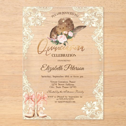 Rustic Lights Lace Cowboy Hat Boots Quinceañera  Acryl Uitnodigingen (Voorkant)