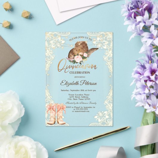 Rustic Lights Lace Cowboy Hat Boots Quinceañera  Acryl Uitnodigingen (Insitu (Huwelijk))