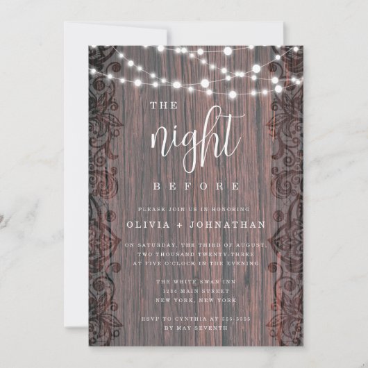 Rustic Lights Lace Rehearsal Dinner Invitation Kaart (Voorkant)