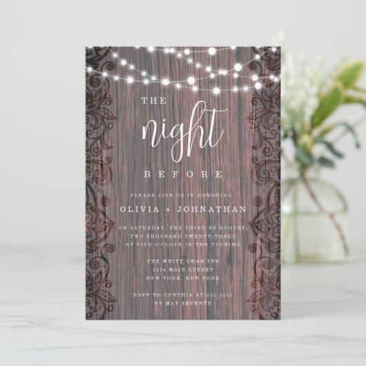 Rustic Lights Lace Rehearsal Dinner Invitation Kaart (Staand voorkant)
