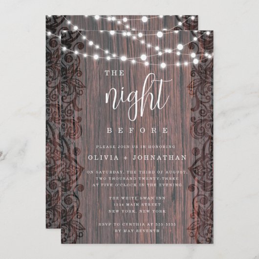 Rustic Lights Lace Rehearsal Dinner Invitation Kaart (Voorkant / Achterkant)