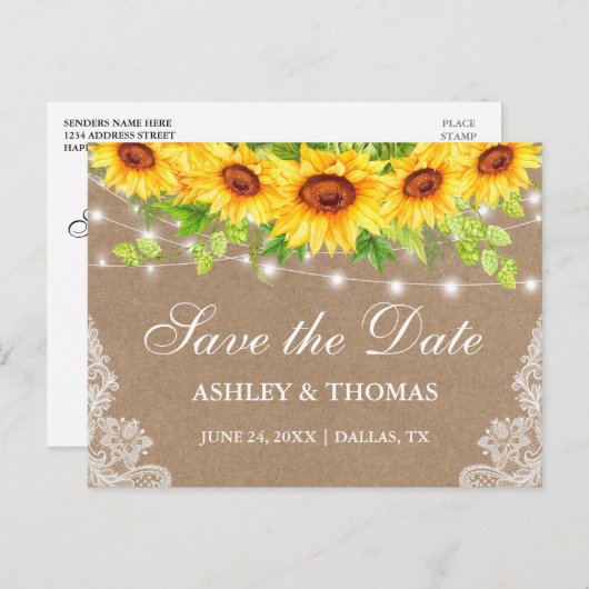 Rustic Lights Lace Sunflower Kraft Save the Date Aankondigingskaart (Voorkant / Achterkant)