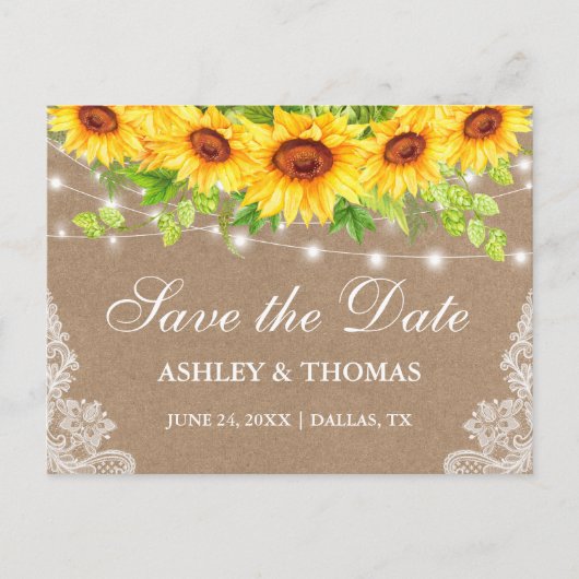 Rustic Lights Lace Sunflower Kraft Save the Date Aankondigingskaart (Voorkant)