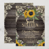 Rustic Lights,Lace Sunflowers Dark Wood Sweet 16  Kaart (Voorkant / Achterkant)