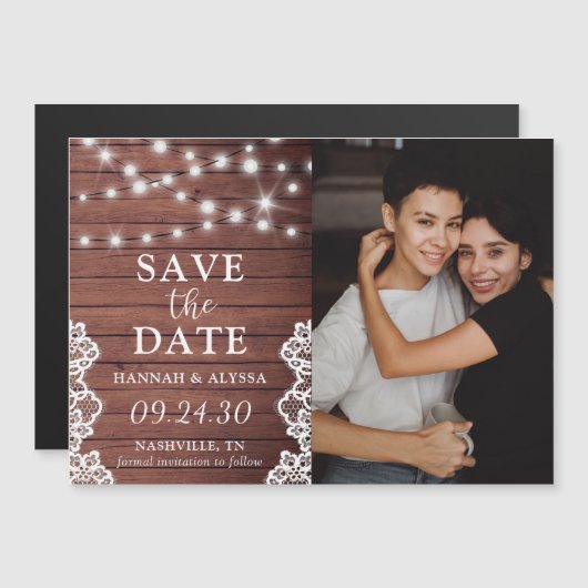 Rustic Lights LGBTQ Photo Save the Date Card Magnetische Uitnodiging (Voorkant / Achterkant)