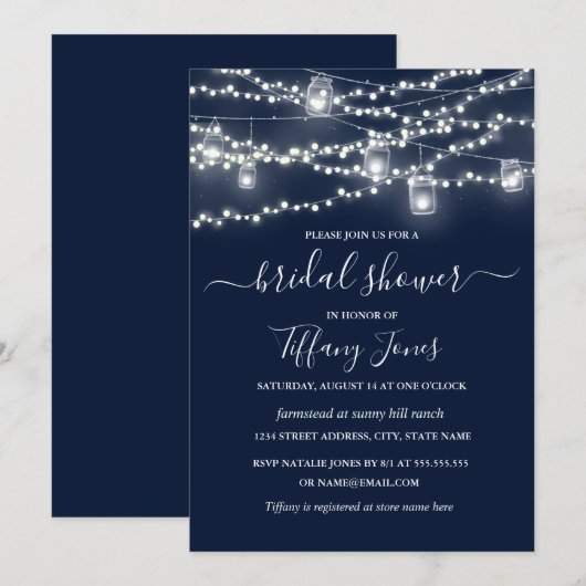 Rustic Lights Navy Bruids Douche Uitnodiging (Voorkant / Achterkant)