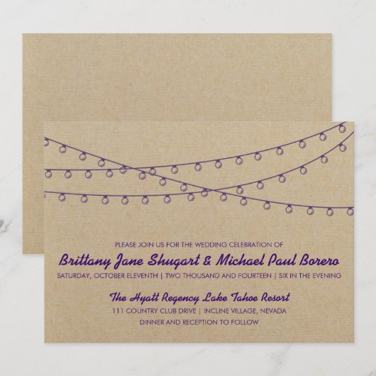 Rustic Lights Paarse huwelijksuitnodiging Kaart (Voorkant / Achterkant)