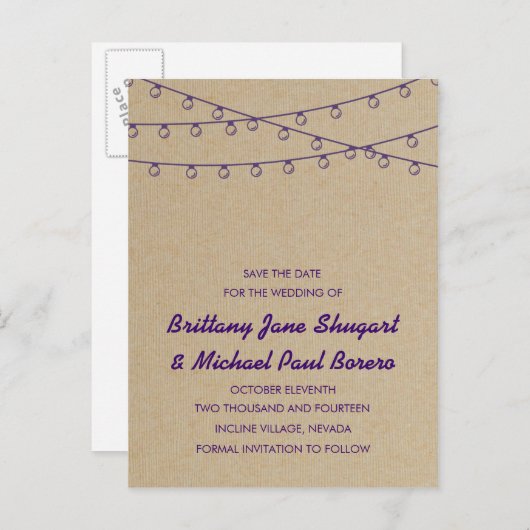 Rustic Lights Paarse Save the Date Aankondigingskaart (Voorkant / Achterkant)