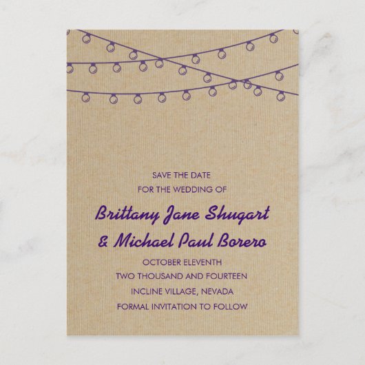 Rustic Lights Paarse Save the Date Aankondigingskaart (Voorkant)