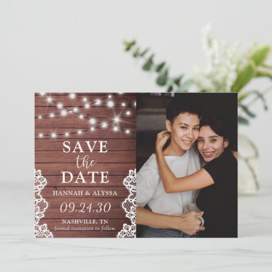 Rustic Lights Photo LGBTQ Save The Date Card (Staand voorkant)