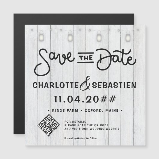 Rustic Lights Script QR Code Save The Date Magnet (Voorkant / Achterkant)