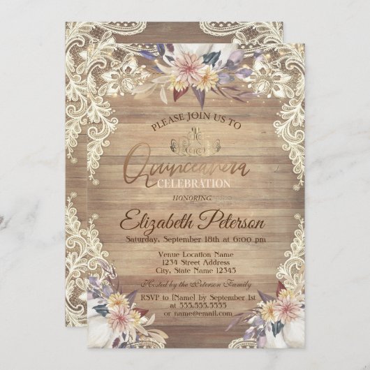 Rustic Lights,Tiara,Lace Pumpkin Flowers Quinceañe Kaart (Voorkant / Achterkant)