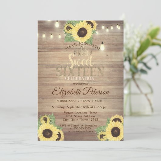 Rustic Lights, Tiara, Sunflower Sweet 16 Party Kaart (Staand voorkant)