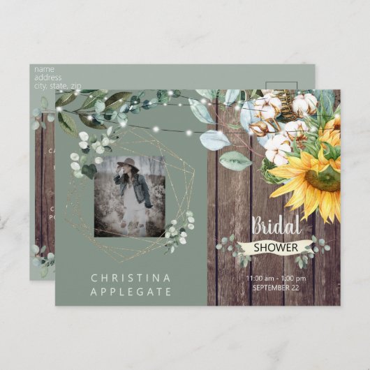 Rustic Lights Wood Foto Sage Vrijgezellenfeest Uitnodiging Briefkaart (Voorkant / Achterkant)