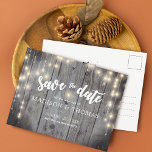 Rustic lights Wood Wedding Save the Date Aankondigingskaart<br><div class="desc">Mooie bruiloft met design,  bespaar het briefkaart met hout en licht. Stuur me een e-mail naar JMR._Designs@yahoo.com als je hulp nodig hebt of speciale verzoeken hebt.</div>
