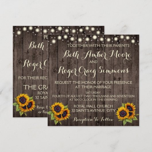 Rustic Lights Wood Zonnebloem bruiloft uitnodiging (Voorkant / Achterkant)