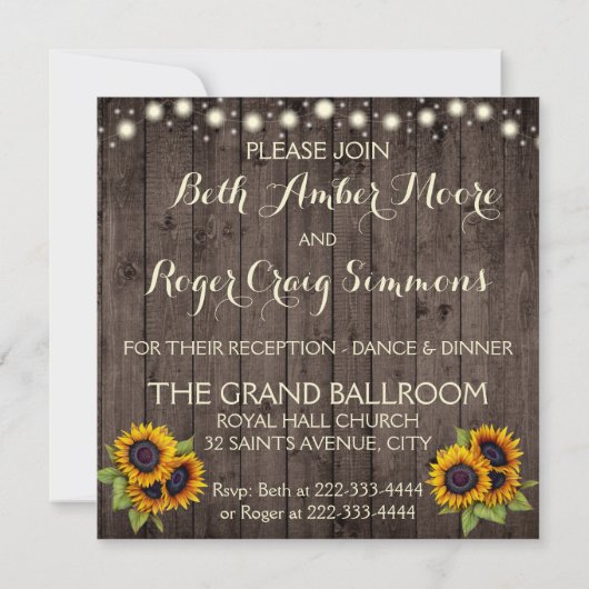 Rustic Lights Wood Zonnebloem bruiloft uitnodiging (Achterkant)