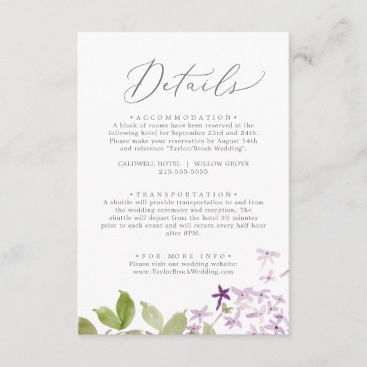 Rustic Lila bruiloft — Kaart met details (Voorkant)