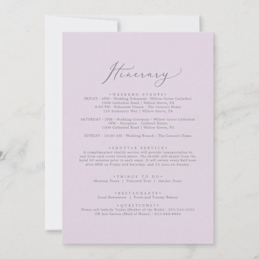 Rustic Lila bruiloft Welkomstbrief & reisroute (Achterkant)